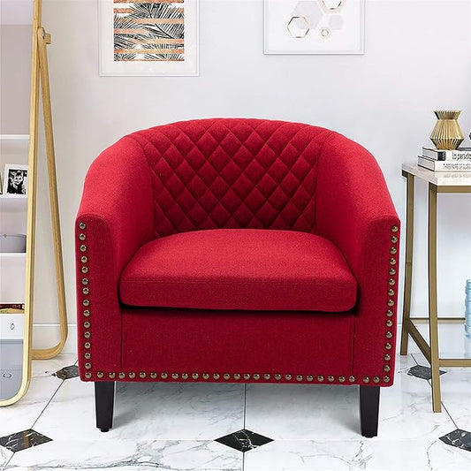 Accent Barrel Chair Living Room Chair with Nailheads and Solid Wood Legs Red Linen