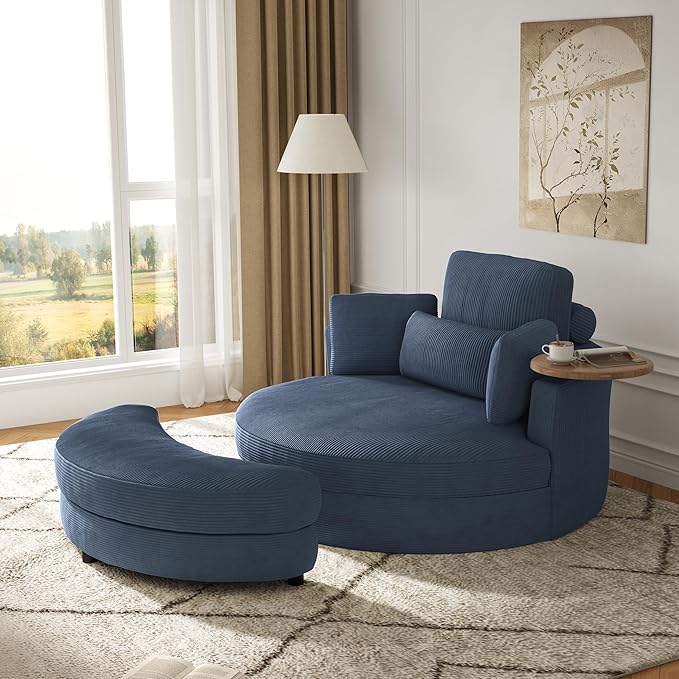 DEINPPA 51'' Accent Swivel Barrel Chair with Storage Ottoman Modern Oversized Round Leisure Sofa Chaise with Tray Pillows Corduroy Upholstered Lounge Chair for Bedroom Living Room Hotel Club Blue