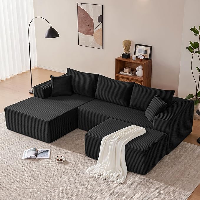 110” Cloud Sectional Couch Modular Sectional Sofa with Deep Seat Boneless Sofa for Living Room Fluffy Comfy U-Shaped Couch with Left Facing Chaise No Assembly Required Black