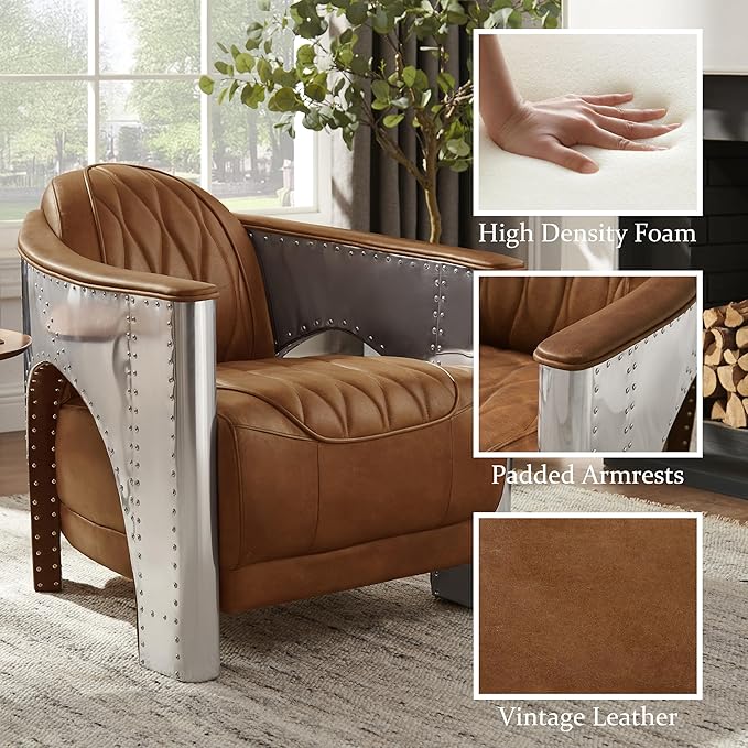 Zouron Genuine Leather Accent Chair Upholstered Aviator Chair with Aluminum Legs Vintage Leather Single Sofa Barrel Chairs Cognac