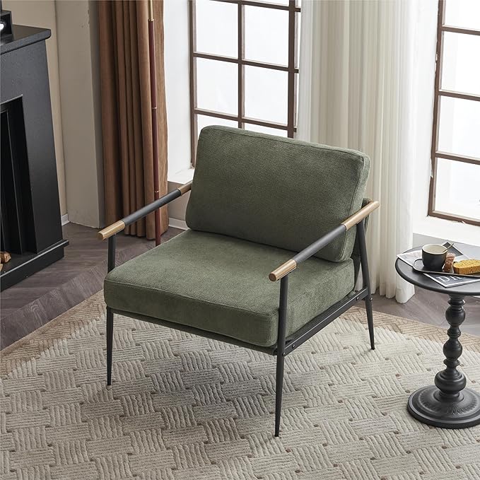 Upholstered Mid Century Lounge Chair Reading Armchair Chenille Fabric Modern Arm Chair with Metal e Accent Chair for Living Room Green