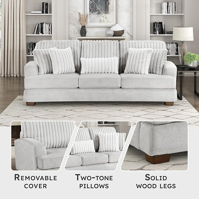 Lexicon Living Room Sofa Modern Sofa Couch Textured Microfiber &amp Corduroy Upholstered Sofa with Five Corduroy Pillows for Office/Living Room Light Gray