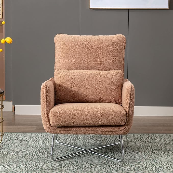 Modern Comfy Leisure Accent Chair Teddy Short Plush Particle Velvet Armchair with Lumbar Pillow for Living Room