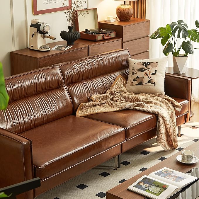 Mid-Century 3-Seater Faux Leather Sofa with Removable Backrest and Cushions Vintage Modern Lounge Couch for Office Apartment Living Room Bedroom with Sturdy Metal Legs - 86.61 Inches Brown