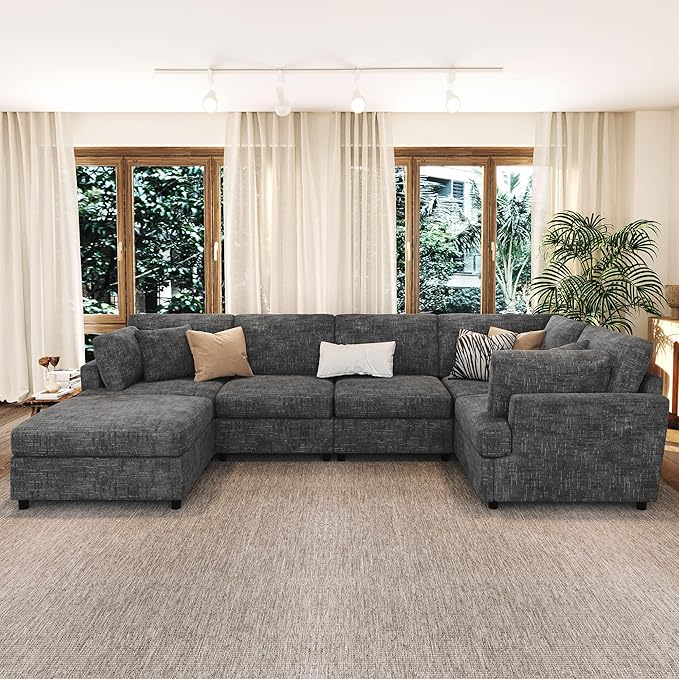 Modern Large Modular Sectional Couch U-Shape Sectional Sofa with Removable Ottoman Polyester Sofa 6-Seater Couch with Solid Wood Legs for Living Room (Gray-29J)