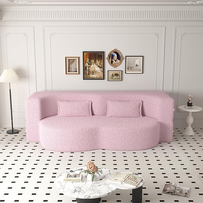Hommoo Convertible Sleeper Sofa Bed Futon Sofa Folding Mattress Couch Full Size Teddy 2 in 1 Compression Floor Lounge Couch High Density Foam for Living Room/Guest Room/Apartment Pink