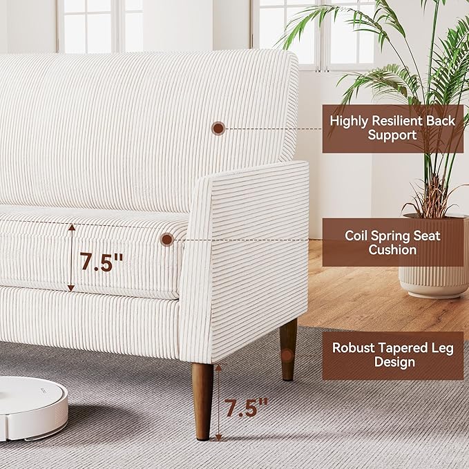 Vipbear 88 Loveseat Sofa - Cream White Comfy Corduroy with Spring Cushion Solid Wood Frame Modern Deep Seat Bedroom &amp Living Room Office Couch