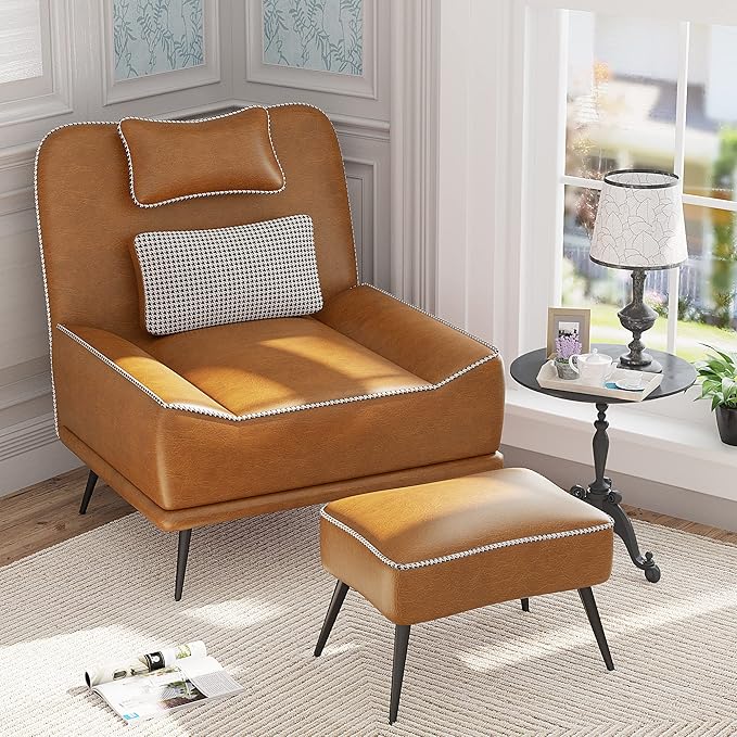 Yongqiang 35 Accent Chair with Ottoman Mid Century Modern Upholstered Faux Leather Chairs for Living Room Bedroom Lounge Chair Armless Sofa Chair and Ottoman Brown