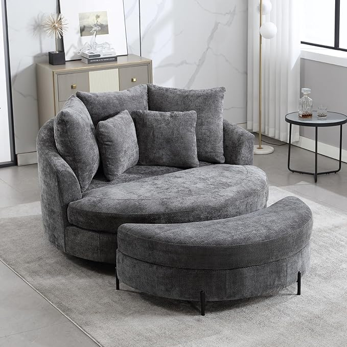 Aoiy &amp Wifon 59.8 W Oversized Barrel Chair with Ottoman Round Chair with Ottoman Extra Large Living Room Chair Set with Wheels Knitted Chenille Charcoal