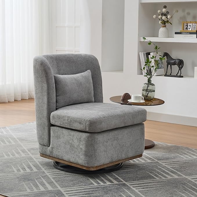 Modern Swivel Accent Chair 25.2 Wide Chenille Upholstered Armless Sofa Chair with Pillow 360° Swivel Reading Chair with Metal Base for Living Room Family Room Bedroom Lounge Area Office Grey