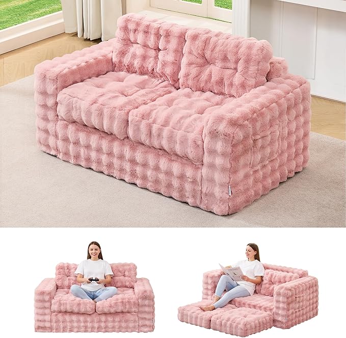 Hobestluk Sofa Couch Loveseat Sofa with Bubble Fabric 2-Seater Sofa for Small Spaces Comfortable Foam Floor Sofa 2 in 1 Boneless Couch for Living Room Bedroom Apartment or Office (Pink Loveseat)