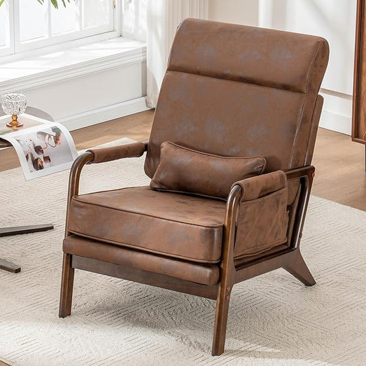 Mid Century Modern Accent Chair with High BackUpholstered Armchair with Solid Wood Frame &amp Soft Cushion for Living RoomBedroomBelconySunroomBrown