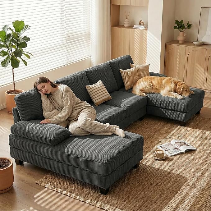 Homall Modular Sectional U Shaped Sofa Couches for Living Room Comfy Corduroy 4 Seat Sofa Set with Removable Pillows Lounge Chaise Upholstered Couch for Apartment (Corduroy Dark Grey)