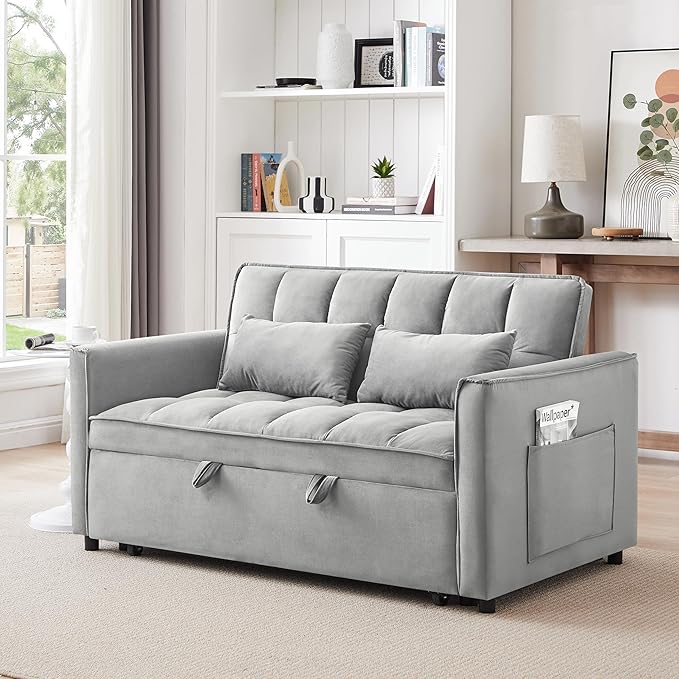 KEIKI 51.2 3-in-1 Convertible Sofa Bed Folding Pull-Out Sleeper Couch with Side Pockets Velvet Fabric Roller Legs Modern Living Room Sofa Light Gray