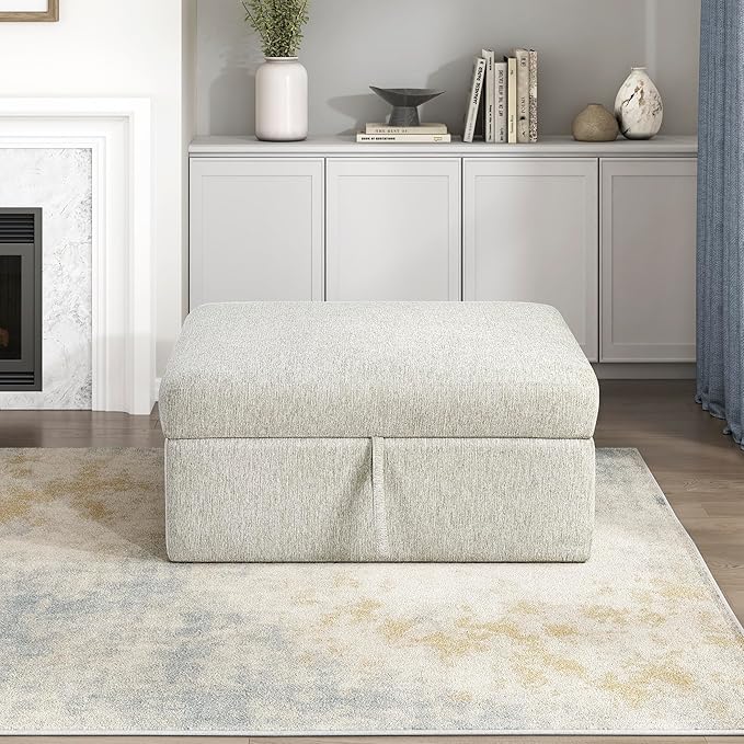Lexicon 41 W Storage Ottoman with Casters Textured Microfiber Upholstered Square Ottoman Foot Stool Foot Rest for Living Room Module for Sectional Couch No Assembly Required Microfiber Beige