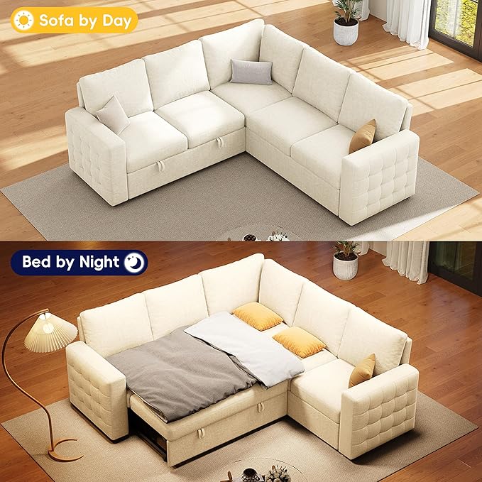 86 Sectional Sleeper Sofa Bed Sleeper Couch with Pull out Bed L Shaped Couch with Storage Modular Sectional Sofa Sectional Couches for Living Room&ampApartment Convertible Sofas Beige Couches