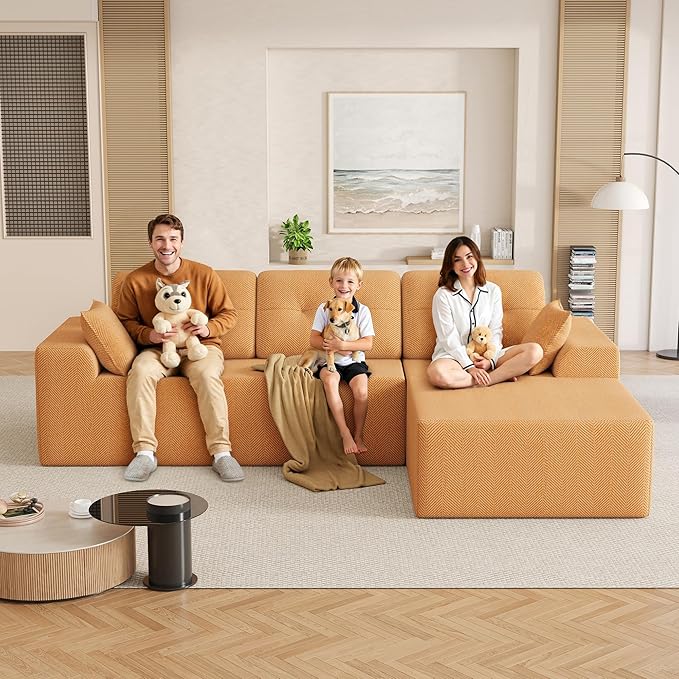 Ball &amp Cast 106 Cloud Modular Sectional Sofa Boneless Chenille Couch with Deep Seat Comfy L-Shaped Sectional Modern Upholstered Sofa for Living Room No Assembly (Orange Right Facing Chaise)