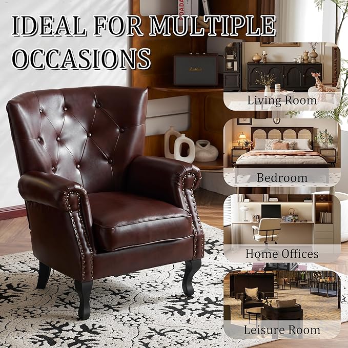 Modern Faux Leather Accent Chair Upholstered Mid-Century Armchair with Solid Wood Legs Single Sofa Chair for Living Room Bedroom or Reading Room（Reddish Brown）