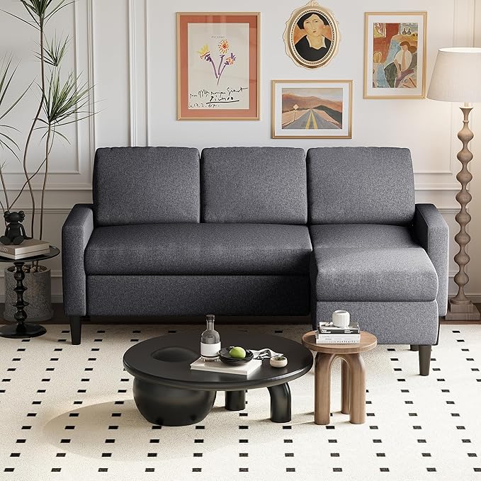 Shintenchi Small Convertible Sectional Sofa Couch with Ottoman 3 Seat L Shaped Sofa with Fabric Upholstered Sectional Sofas Small Couch for Apartments Living Room and Office (Carbon Black)