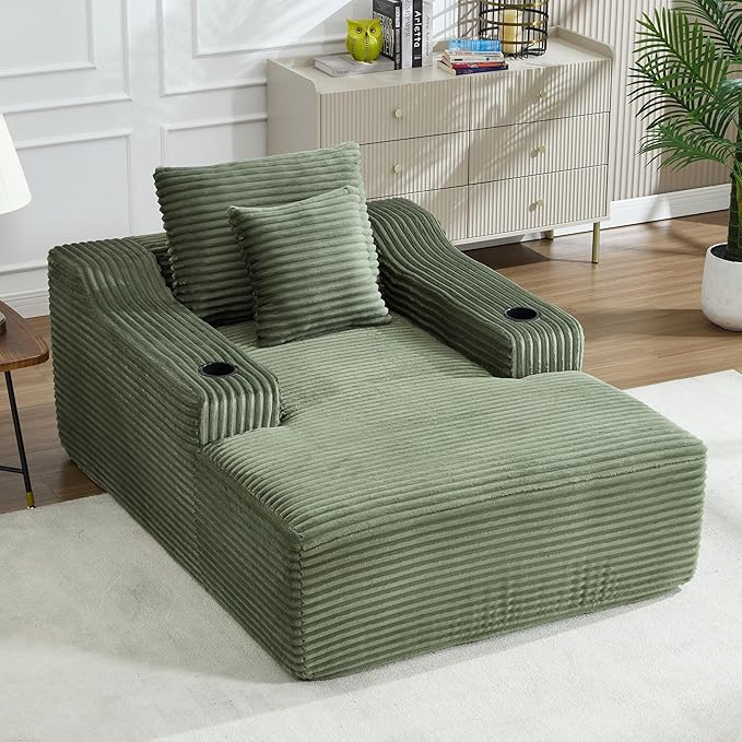67 Chaise Lounge Chair Indoor Upholstered Corduroy Couch with 2 PillowsComfy Fluffy Cloud CouchSingle Sleeper Sofa Chair for Livingroom (Green 46.5W X 67D)