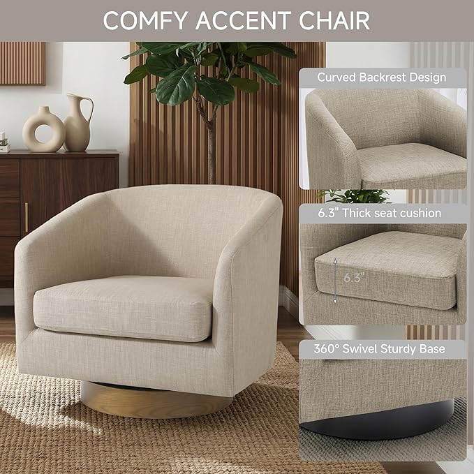 Swivel Barrel Chair 31 W Modern Round Swivel Accent Chair for Living Room 360° Rotation Upholstered Linen Fabric Armchair Club Chair for Bedroom Reading Room Office (Light Brown)