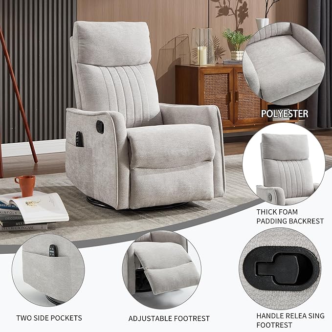 KEIKI Swivel Rocker Recliner Chair with Massage and Heated Pad for Nursery Soft Fabric Glider with 360 Degree Rotation and Manual Recline