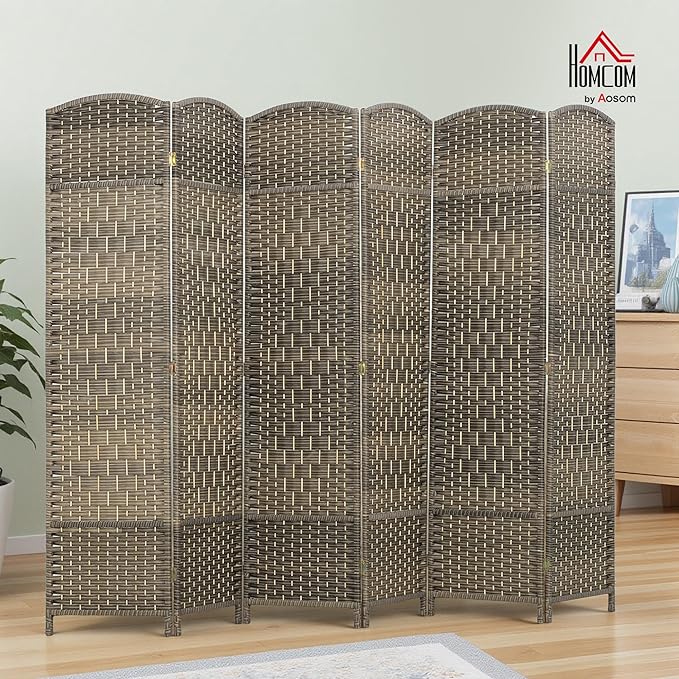 HOMCOM Room Divider 6 Ft 6 Panel Folding Privacy Screen Hand-Woven PP Wall Partition with Pine Wood Frame Freestanding Room Separator for Bedroom Home Office No Assembly Dark Rustic Oak