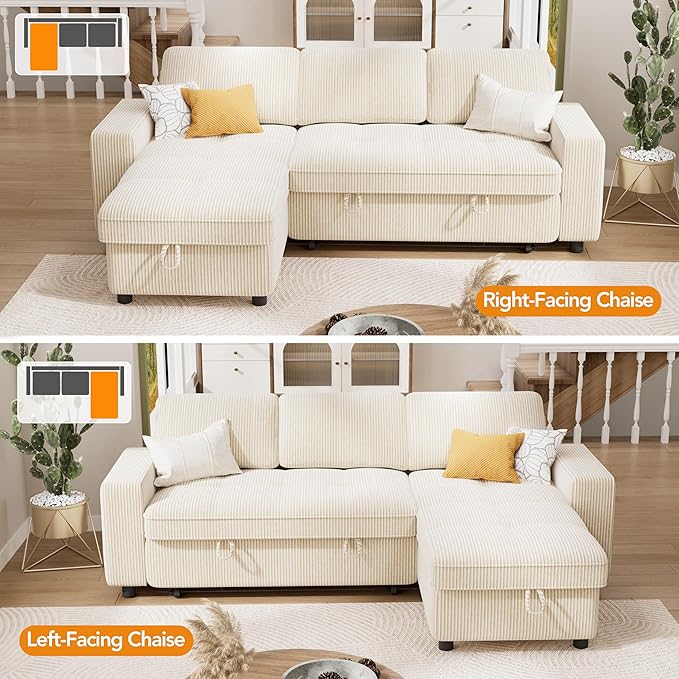 WEUP 81 Sectional Sofa with Pull Out Bed L Shaped 3 Seat Sleeper Sofa with Storage Adjustable Backrest USB Ports Tool-Free Assembly Plush Corduroy Sectional Couches for Living Room Beige | Brea