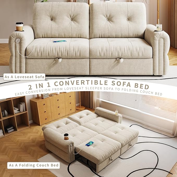 77'' Pull Out Couch Full Chenille Sleeper Sofa Bed with 5-Minute Assembly Convertible Futon Sofa Bed Adjustable Backrest USB 2 Cup Holders Loveseat for Living Room Office Light Brown