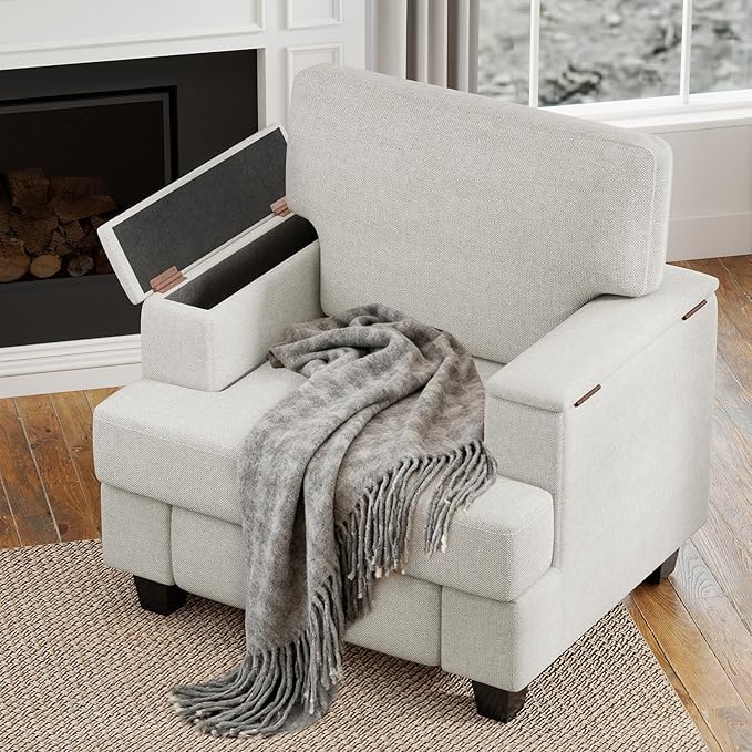 Furniliving Modern Oversized Accent Sofa Chair Set of 2 Comfortable Living Room Lounge Armchair with Storage Armrest Upholstered Reading Gaming Chair for Apartment Living Room Bedroom White