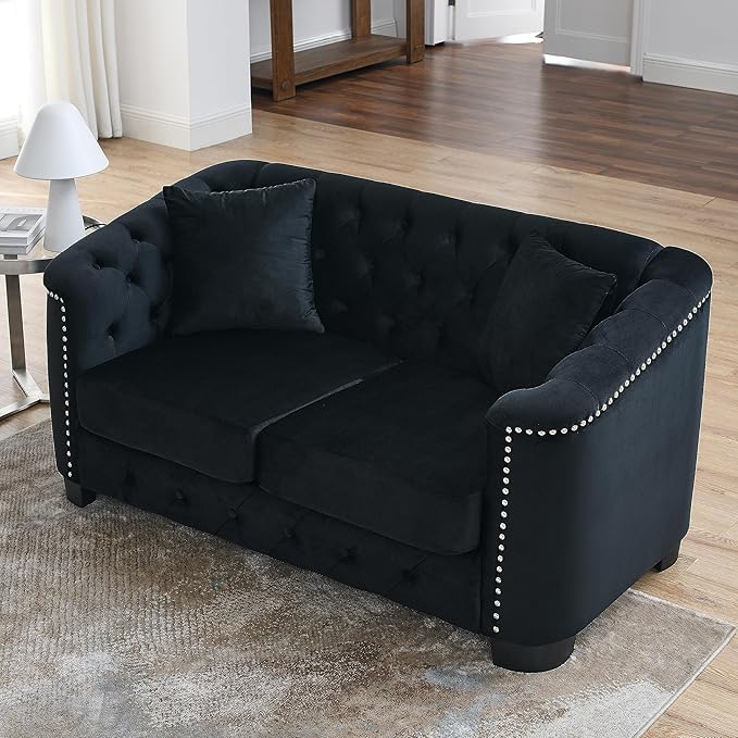 KEIKI 59 Chesterfield Sofa 2 Seater Retro Velvet Couch with Nailhead Arms Tufted Backrests 2 Cushions for Living Room Bedroom Office Apartment Black