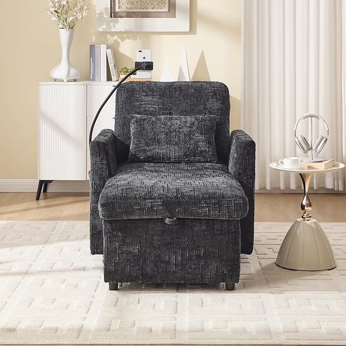 Multifunctional Sofa Recliner Chairs with Storage Cell Phone Bracket Chenille Recliner Chair Bed with Side Pockets and High Backrest Modern Living Room Single Lounge Chair (Black)