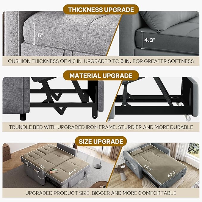 DWVO 3 in 1 Convertible Sleeper Sofa Bed 55 Pull Out Sofa Bed with Adjustable Backrest and USB Velvet Futon Couch with Side Pockets for Living Room Grey