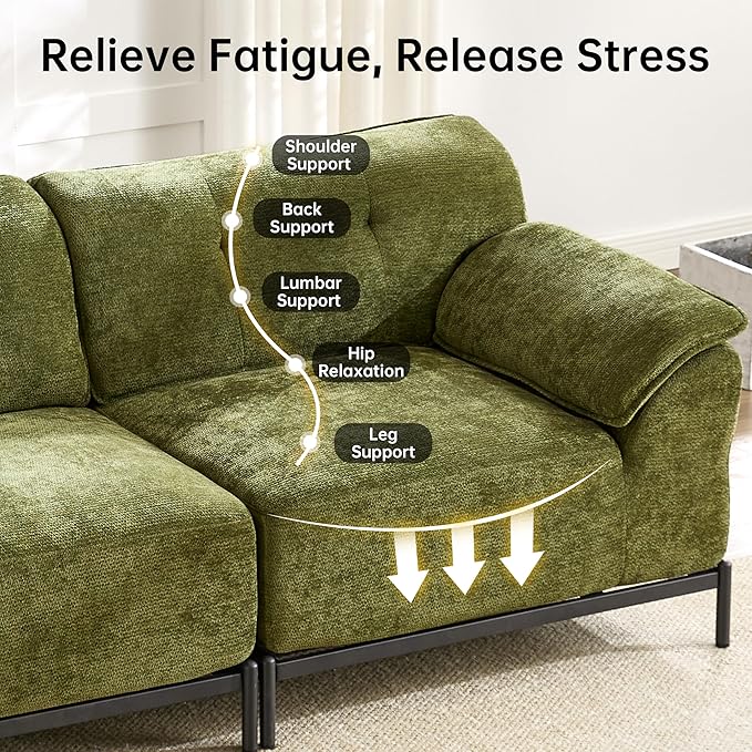 VKNOW 106 Couches for Living Room Modular Sectional Sofa with Wide Armrests and Solid Iron Frame Compressed Couch for Living RoomOfficeChenille FabricGreen