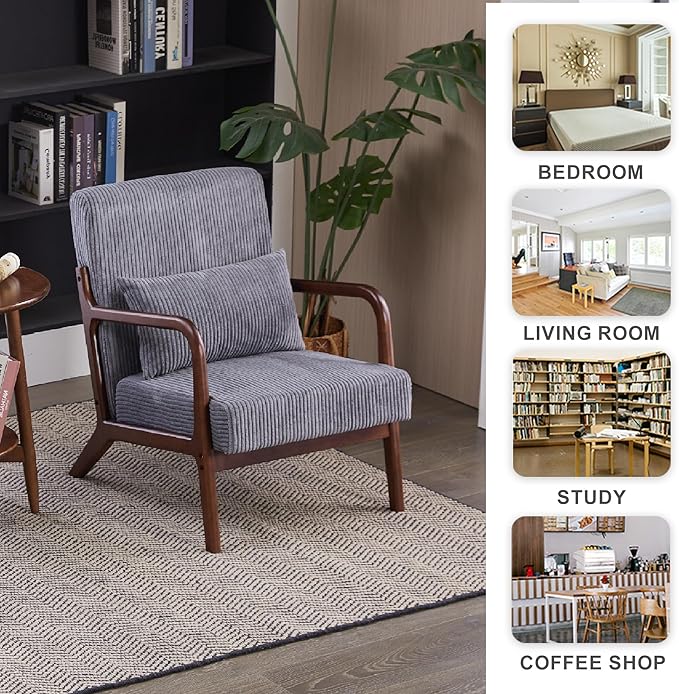 Mid Century Modern Accent Chair Upholstered Corduroy Armchair with Lumbar Pillow Solid Rubberwood Frame for Living Room Bedroom Waiting RoomDark Grey