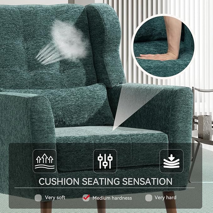 Modern Accent Chair Upholstered Armchair with Pillow Fabric Single Sofa Chair with Lounge Seat and Wood Legs Accent Chair for Living Room Bedroom Small Spaces (Blackish Green)