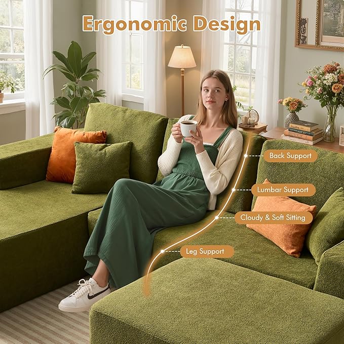 104 L-Shape Modular Sectional Sofa CouchComfy Upholstered Cloud Couch for Living RoomModern Minimalist CouchesDeep SeatNo Assembly Required (GreenCloud Velvet Left Facing Chaise w/Ottoman)