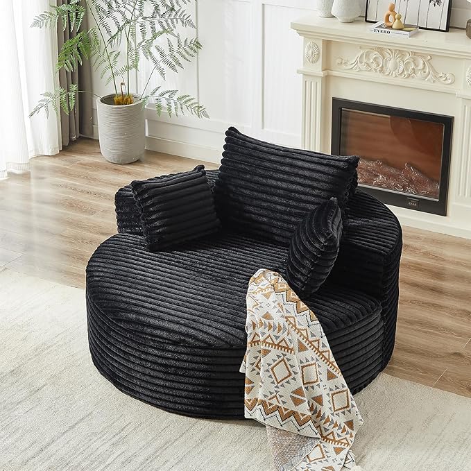 55 inch Chaise Lounge Chair Indoor Oversized Round Accent Chair Modern Corduroy Sponge Single Sofa Fluffy Sleeper Chair Deep Seat Comfortable Chair for Living Room Bedroom Apartment Black
