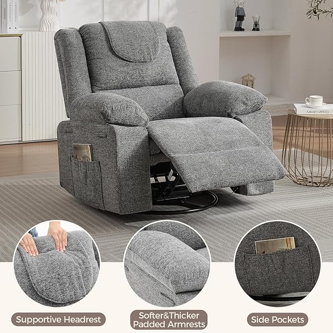 Oversized Rocker Recliner Chair for Adults 360° Swivel Glider Nursery Recliner with Vibration Massage &amp Heat Single Sofa for Living Room &amp Bedroom (Grey)