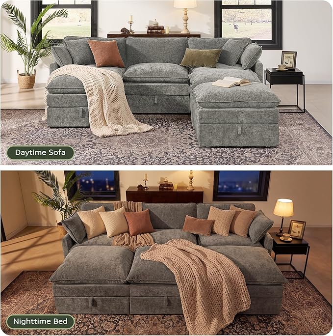Ihanherry Oversized Sectional Sofa Bed with Storage 103 6-Seater Modular Cloud Couch with Movable Ottomans Chenille Deep Seat Sleeper Couches for Living Room (Grey)