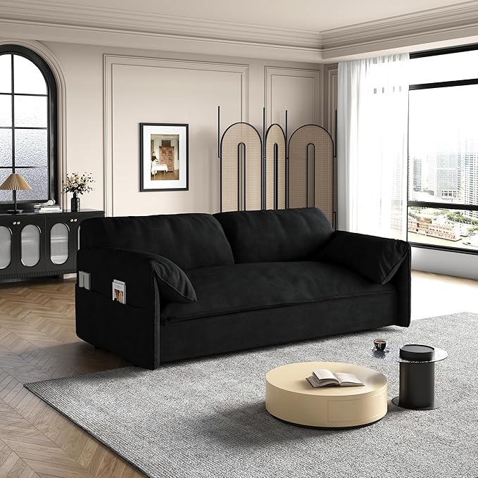 66 Sleeper Sofa Bed Queen Size 3-in-1 Convertible Couch Modern Pull Out Couches Comfy Velvet Futon Sofa Cloud Loveseat Lounge Pillow Arm for Small Spaces Living Room Apartment Black