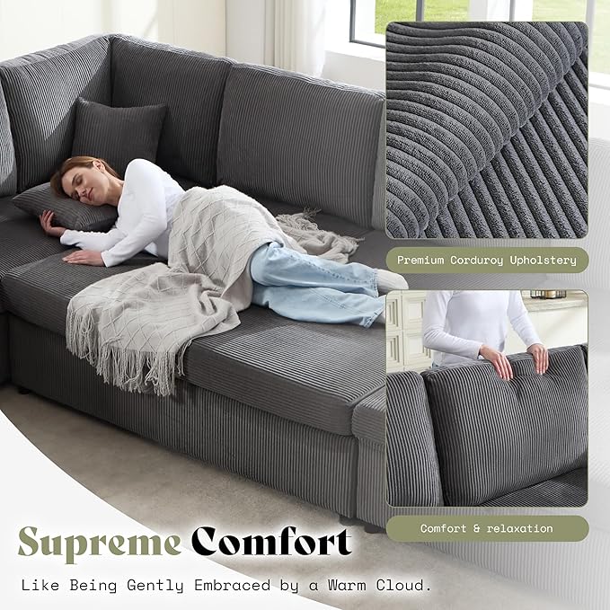 AMERLIFE 129 Inch Sectional Couches for Living RoomSectional Couch with Storage &amp OttomanModular Sectional Sofa Converts to SleeperCloud Couch Sectional for Large Space with CorduroyGrey