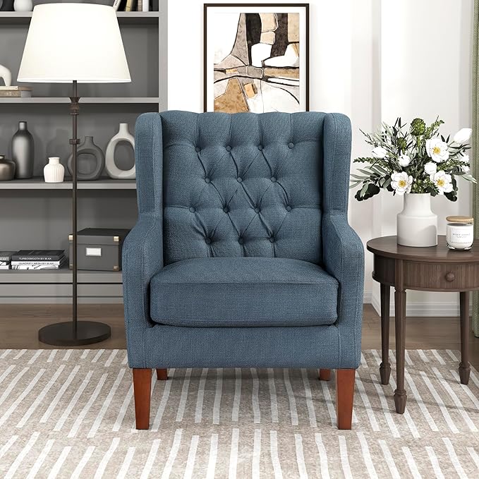 Lexicon Living Room Accent Chair Button Tufted Wingback Track Arm Reversible Seat Cushion Solid Wood Legs Textured Fabric Comfy Armchair for Bedroom/Office Easy Assembly Blue