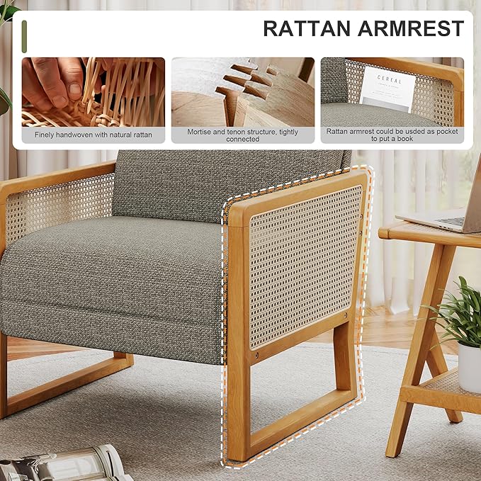 Linen Accent Chair Living Room Chairs with Rattan Arms Armchair with Ash Wood Legs for Reading Brownish Gray