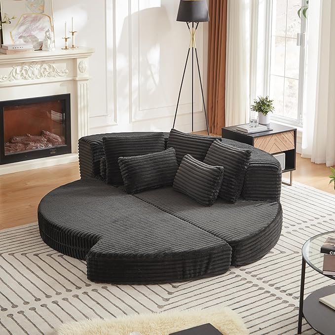 78.5 Oversized Round Chaise LoungeModular Convertible 2-in-1 Sofa Bed Upholstered CorduroyBoneless Plush Couches with PillowNo Assembly RequiredRAFBlack