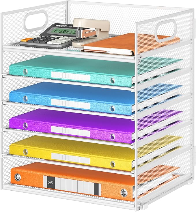 6 Tray Paper Organizer Letter Tray with Handle - Mesh Desk File Organizer Paper Sorter Organizer for Office Home or School File Folder Holder - White