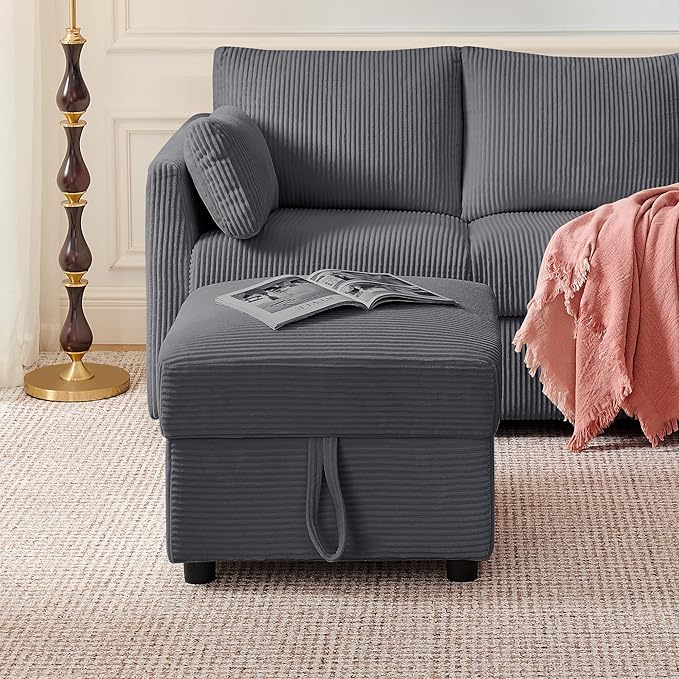 Corduroy Storage Ottoman for Living Room Sofas Couches Square Ottoman with Storage Space Foot Rest Stool for Apartment Dorm Entryway Grey
