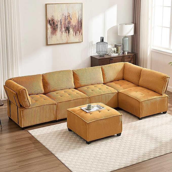 121 Inch Cloud Oversized Modular Sectional Sofa U Shaped Modular Couch with Reversible Chaise Comfy 6 Seat Convertible Sectional Sofa with Ottoman for Living Room Mustard Yellow