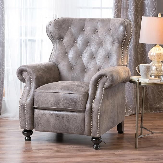 Push Back Recliner Chair Mid Century Wingback Recliner Accent Chair with Rivet Decoration Fabric Push Back Single Sofa for Living Room Adjustable Backrest (Brown Gray)