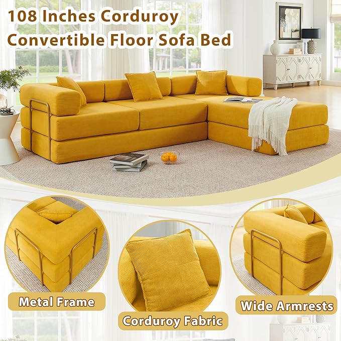 108 W Corduroy Modular Cloud Couch with Fixed-Shape Frame Oversized L-Shaped Sectional Sleeper Sofa Bed with Pull Out Bed No Assembly Modern Floor Boneless Couch for Living Room (Yellow)